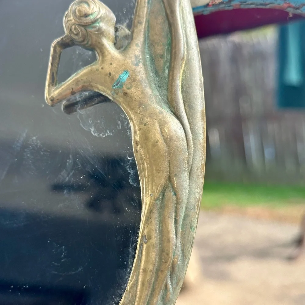 Antique Art Nouveau Brass Vanity Table Top Footed Mirror Lady by the Lake